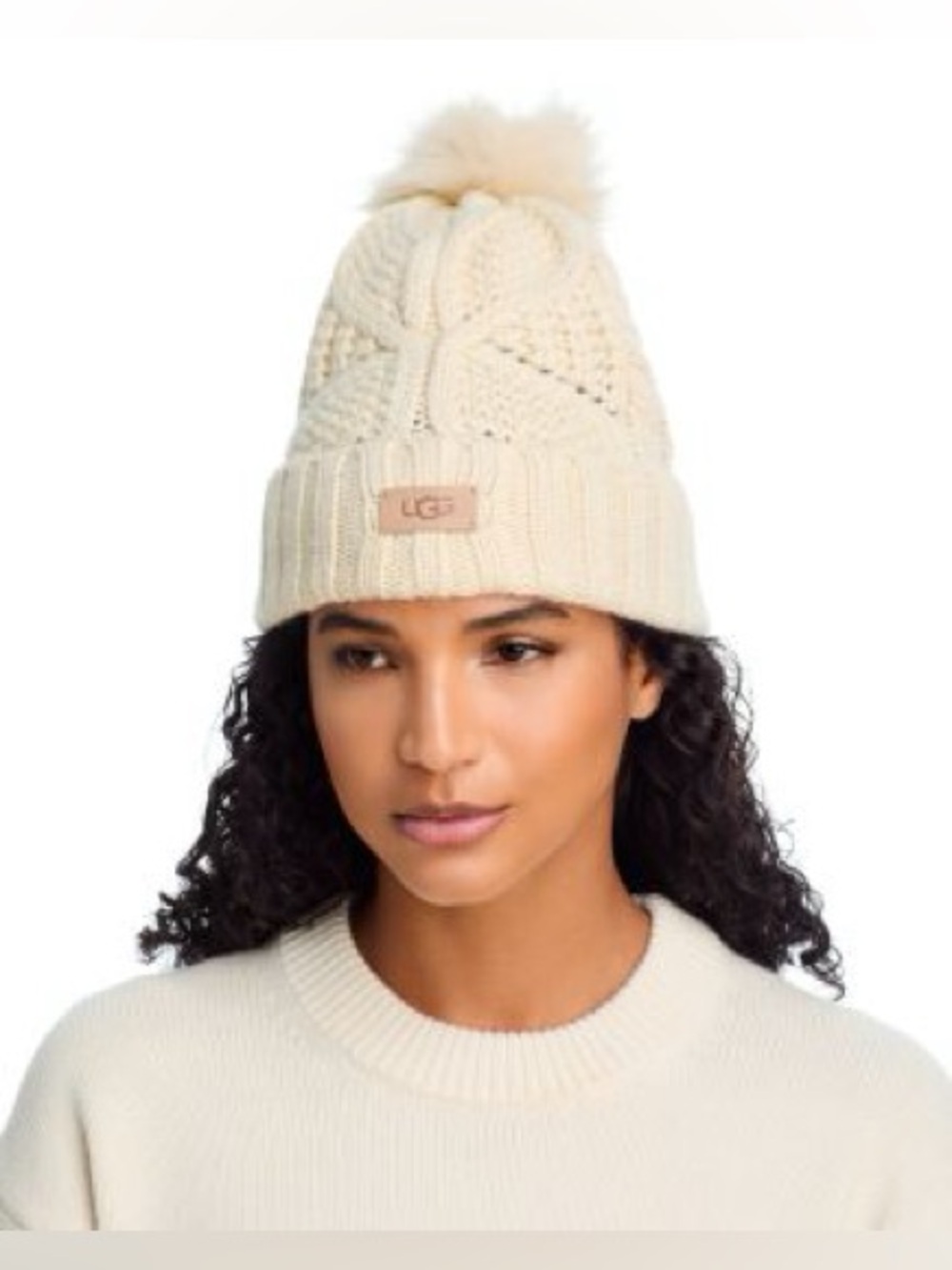 UGG Cream Cable-Knit Pom Beanie with Faux-Fur Pom